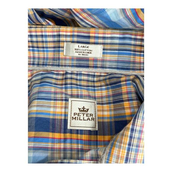 Peter Millar Shirt Mens Large Button Up Orange Blue Plaid 100% Cotton Preppy - Picture 3 of 5